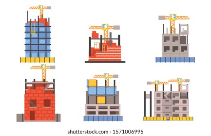 Set Of Icons With Building Activity And Working Cranes Flat Vector Illustration