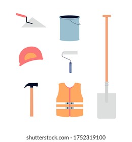 Establezca iconos de herramientas de construcción e instrumentos de construcción de ilustraciones vectoriales planas aisladas en fondo blanco. Recogida de equipo de construcción o de construcción.