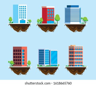 set of icons of buildings over terrain, urban landscape vector illustration design