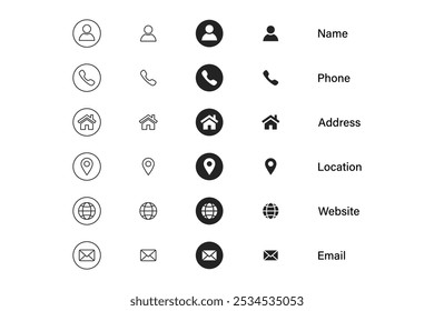 set of icons for business card needs and other digital needs. vector icons of name, address, email, website, location in black with white background