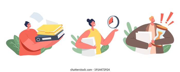 Set of Icons Business Characters Stressed with Urgent Work. Businesswoman with Folder Pointing on Clock, Businessman Holding Huge Pile of Paper Documents, Deadline. Cartoon People Vector Illustration