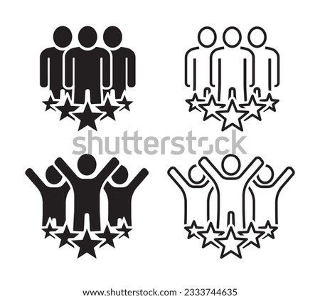Set of icons business client and group of happy people. Team service satisfaction review symbols, business evaluation concept, consumer quality rating signs. People group with 5 stars, rating. Vector.