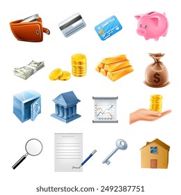 set of icons for business financing mortgage house money capital and savings