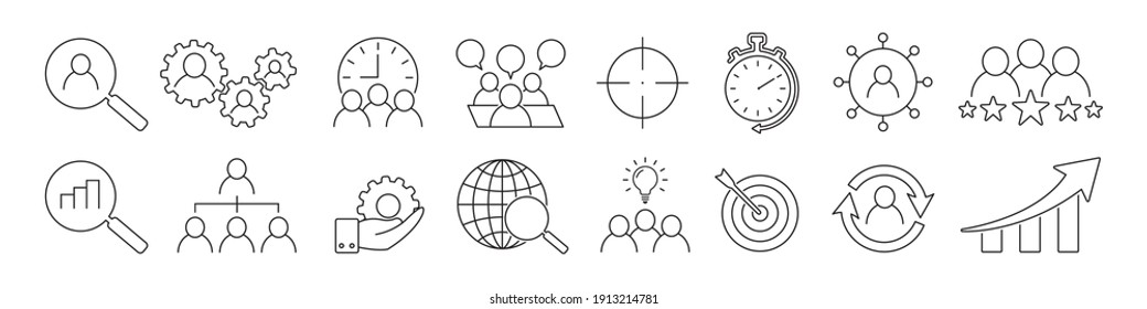 Set of icons business people, human resources, office management. Lines business people. Meeting, team, communication, group, business icons. Vector illustration.