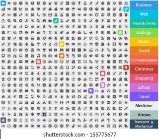 Set of icons for business, web, food and drinks, ecology, social media, christmas, shopping, school, travel, medical, transportation, mechanical, arrows