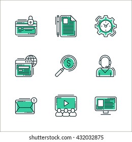 Set of icons of business workflow items and elements, office equipment and stuff. Colored in green, isolated on white background