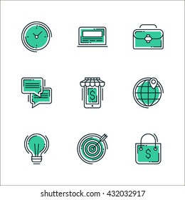 Set of icons of business workflow items and elements, office equipment and stuff. Colored in green, isolated on white background