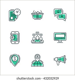 Set of icons of business workflow items and elements, office equipment and stuff. Colored in green, isolated on white background
