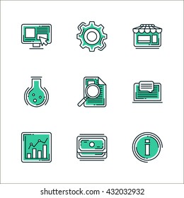 Set of icons of business workflow items and elements, office equipment and stuff. Colored in green, isolated on white background