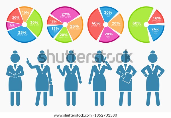 Set of icons of businesswomen pointing, talking\
phone, with document or report, angry business lady, show like.\
Diagram, pie chart or circle chart divided by sectors with\
percents, text element