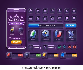Set Of Icons And Buttons For 2d Space Game. Big Set Buttons For Games And App. Metal Game UI Kit. Space Game Icon.