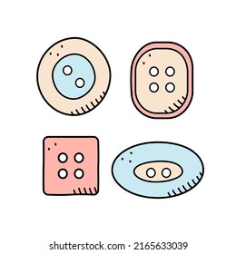 Set Of Icons Buttons For Clothes, Vector Doodle Illustration Accessories For Sewing And Needlework