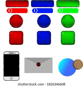 A set of icons and buttons are created for apps and websites. The colors are blue, red, and green. Items buttons, icons.