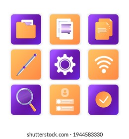 Set of icons, buttons: documents, office. Vector illustration. Website template or web page layout. The working process.