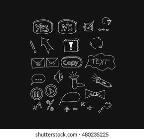 Set icons buttons on black background. Vector illustration. Hand drawn.