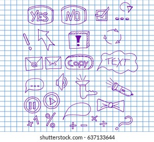 Set icons buttons on copybook background. Vector illustration. Hand drawn.