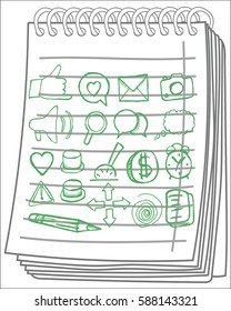 Set icons buttons on notebook background. Vector illustration. Hand drawn.