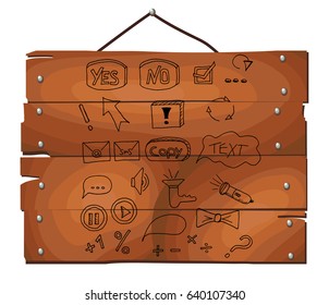 Set icons buttons on wooden plank background. Vector illustration. Hand drawn.