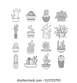 Set icons cacti. Style Hand drawing. Vector illustration.