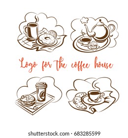 set of icons for a cafe and breakfast, mug of tea with a bun, cup of coffee for breakfast, fast food hamburger and coffee, a sweet donut
