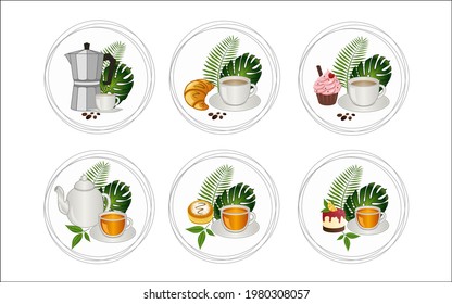 Set of icons for cafes with tropical plants.Web icons. Social Media icons. Story Highlight Covers. Vector illustration.