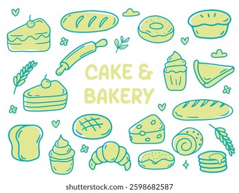 Set of icons with CAKE and BAKERY theme. With doodle style. For layout, website, graphic design. 