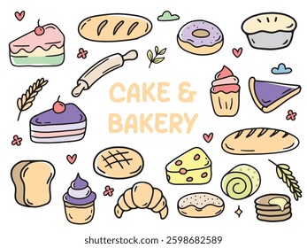 Set of icons with CAKE and BAKERY theme. With doodle style. For layout, website, graphic design. 