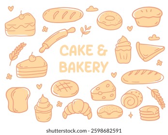 Set of icons with CAKE and BAKERY theme. With doodle style. For layout, website, graphic design. 