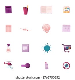 Set of Icons Calculator, Pencils and Book, Money for Travel, Airplane, Globe and Calendar, Sanitizer, Coronavirus Cell and Shopping Cart, Helicopter, Aerosol and Covid19. Cartoon Vector Illustration