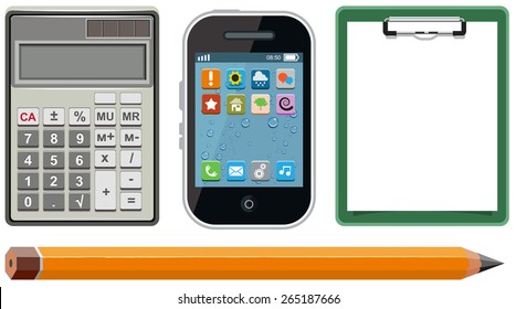 Set icons - calculator, phone, clipboard, pencil. Illustration isolated