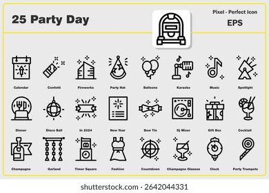 Set of icons, calendar, confetti, fireworks, party hat, balloons, play music, music, spotlight, dinner, disco ball, in new year , very high quality