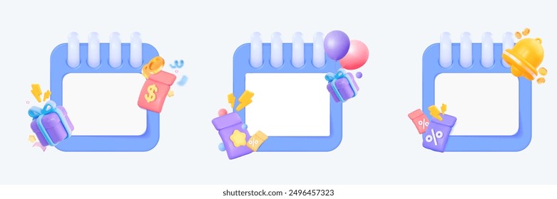 A set of icons with a calendar and coupons for sales, various discounts for Christmas, New Year and other festive events. Coupons, gifts with balloons