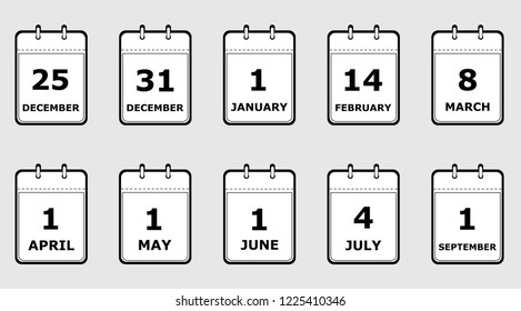 set of icons calendar pages with different holiday dates, black and white, flat style, vector illustration