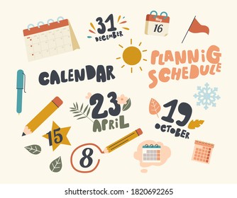 Set of Icons Calendar Theme. Table Planner, Pen and Pencil with Circle Important Dates. Snowflake, Sun and Flag with Green Leaves and Flowers. Schedule Planning Concept. Linear Vector Illustration