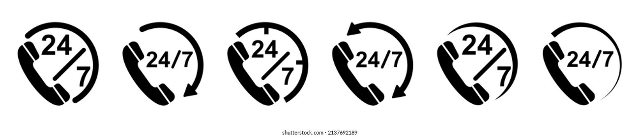 Set with icons call 24 7. 24 hours 7 day a week service support, call center, care and help. Online support center.