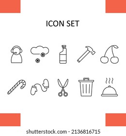 Set of icons - call center worker, snow. cloud, glass cleaner, hammer, cherry, lollipop, mittens, scissors, trash can, hot dinner