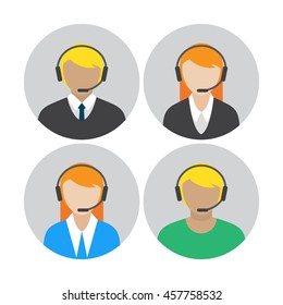 Set of icons with the callcenter agents talking through headset, colorful flat vector illustration