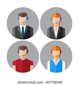 Set of icons with the callcenter agents talking through headset, colorful flat vector illustration