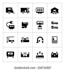 Set icons of camper, caravan, trailer isolated on white. Vector illustration