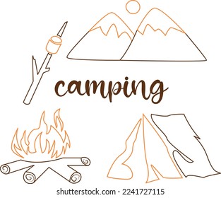 Set of icons with camping attributes drawing in outline flat style with brush script lettering