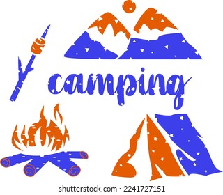 Set of icons with camping attributes drawing in flat style textured with brush script lettering