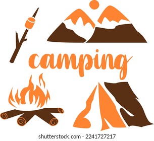 Set of icons with camping attributes drawing in flat style two colors with brush script lettering