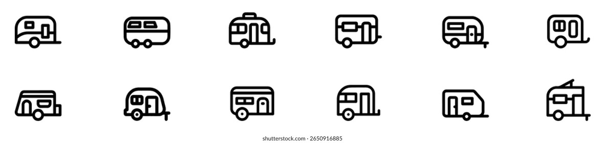 Conjunto de ícones de camping carro ou trailer para acampar no estilo de linha. Ícones de caravana no estilo de linha da moda.