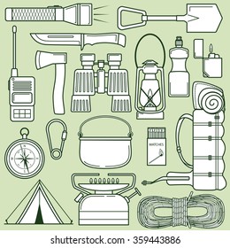 Set of icons for camping and hiking. Vector icons set  on a green background.
