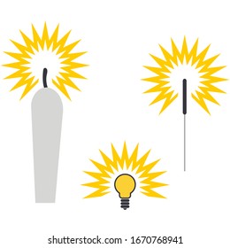 Set of icons for candle, party sparkler and light bulb over white background. Minimalistic design