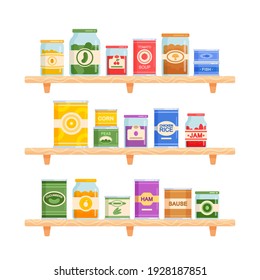 Set Icons Canned Food Theme. Various Tin Cans and Glass Jars Stand on Shelves. Marinated and Pickled Vegetable or Fruits, Cucumbers, Fish and Tomato Soup with Chicken Rice. Cartoon Vector Illustration