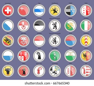 Set of icons. Cantons of Switzerland Flags. 3D. Vector.     