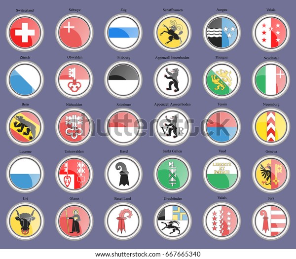 Set of icons. Cantons of Switzerland Flags. 3D. Vector. \
   