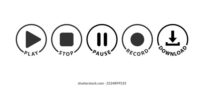 A set of icons with captions for the player. Contour icons for control. Function buttons in a flat style