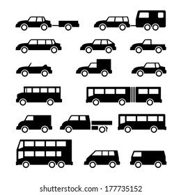 Set icons of car and bus isolated on white. Vector illustration